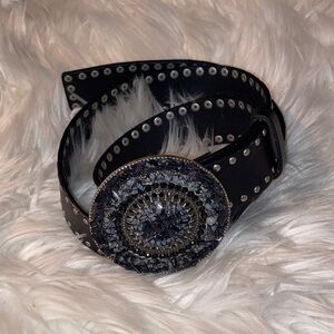 Black Studded Leather Belt with Decorative Round Buckle